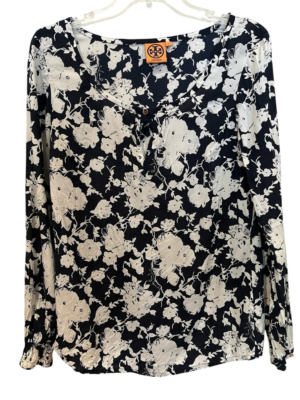 Tory Burch Black & White silk blend Floral Long Sleeve Blouse size 8